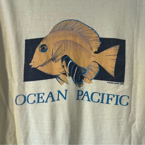 Vintage Ocean Pacific OP 1986 GONE FISHIN Single Stitch Yellow T Shirt XL - Picture 5 of 7